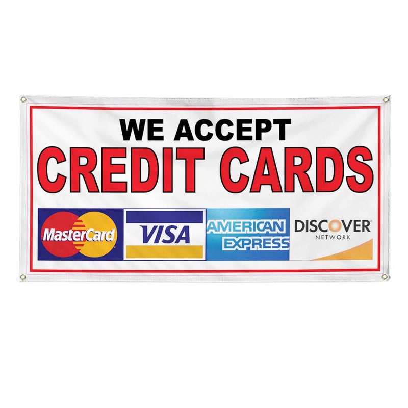 Sign Destination Vinyl Banner Sign We Accept Credit Cards Restaurant Cafe Bar Marketing Advertising Red - 12inx30in, 4 Grommets, One Banner - Image 1